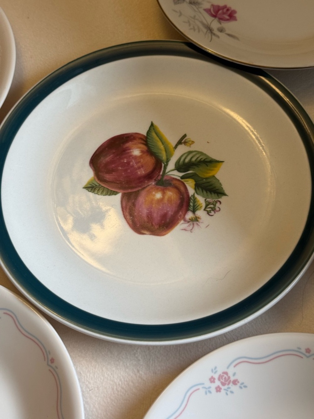 White Ceramic Salad Plate with Green Rim and Apple Motif